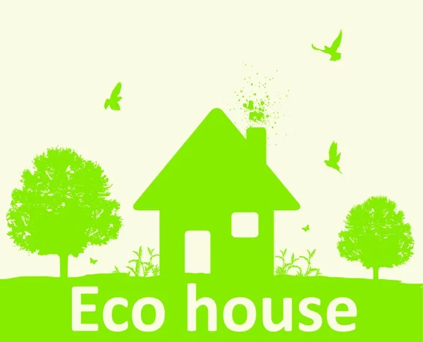 Ландшафт Зелеными Деревьями Птицами Домом Концепция Экологически Чистого Дома — стоковый вектор
