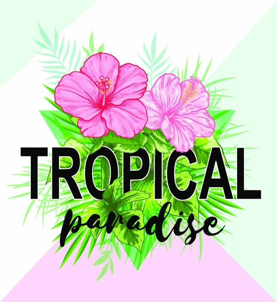 Abstrakter Tropischer Hintergrund Mit Grünen Blättern Und Rosa Blüten Schriftzug — Stockvektor