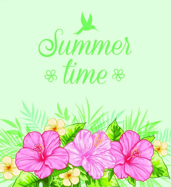 Tropisk Sommar Bakgrund Med Gröna Blad Och Rosa Blommor — Stock vektor