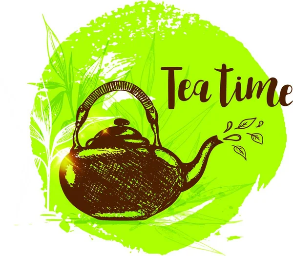 Teekanne Und Bambuszweig Auf Grünem Hintergrund Vintage Stil Schriftzug Tea — Stockvektor