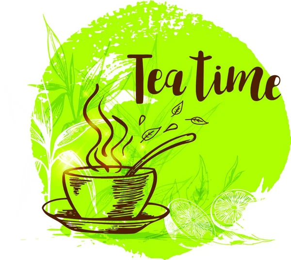 Чашка Чая Веточка Буо Зеленом Фоне Винтажном Стиле Время Чаепития — стоковый вектор
