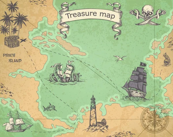 Mapa Pirata Vetorial Vintage Com Embarcações Vela Mapa Tesouro Antigo —  Vetores de Stock