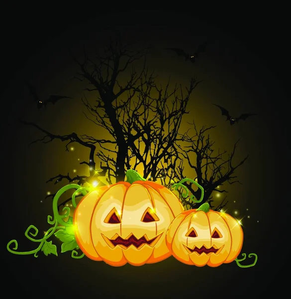 Orangefarbene Halloween Kürbisse Und Baumsilhouette Auf Schwarzem Hintergrund Grußkarte Halloween — Stockvektor