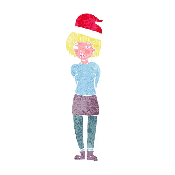 Donna Dei Cartoni Animati Indossa Cappello Natale — Vettoriale Stock