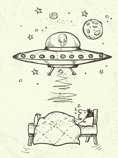 Fantastische Doodle Hintergrund Mit Ufo Entführt Einen Schlafenden Mann Vektorillustration — Stockvektor
