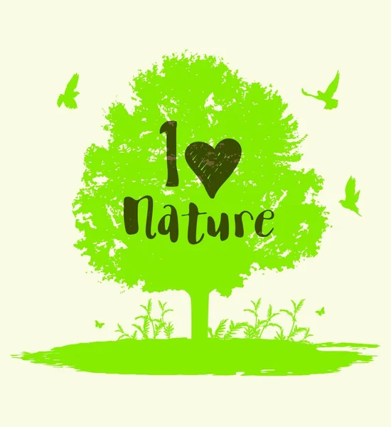 Zielone Tło Drzewa Ptaków Koncepcja Ekologiczna Uwielbiam Liternictwo Natury — Wektor stockowy