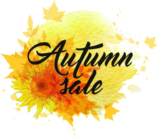 Abstract Autumn Background Yellow Sunflowers Falling Maple Leaves Autumn Sale — Stock Vector