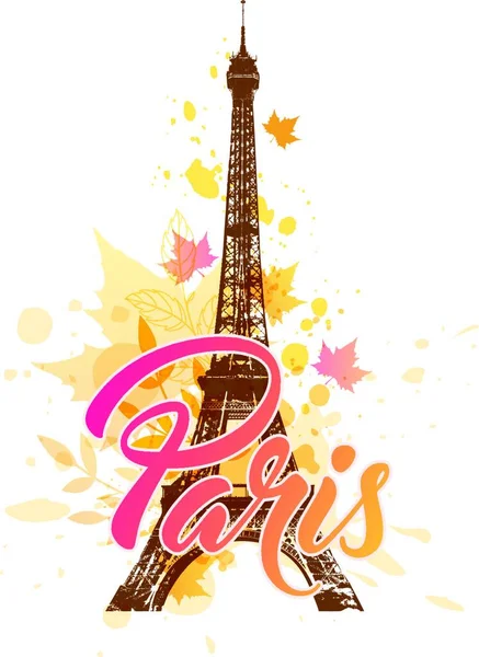 Vector Background Eiffel Tower Falling Autumn Maple Leaves — Stock Vector