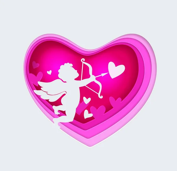 Vector Cortado Papel Corazón Rosa Con Cupido Fondo Romántico San — Archivo Imágenes Vectoriales