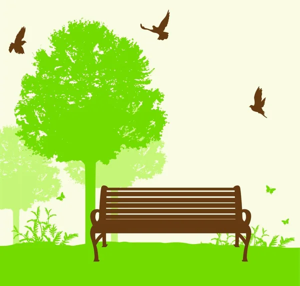 Bench Onder Een Groene Boom Het Park Vectorillustratie — Stockvector