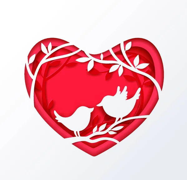 Vector Cut Out Paper Red Heart Two Birds Branch Romantic — Stock Vector