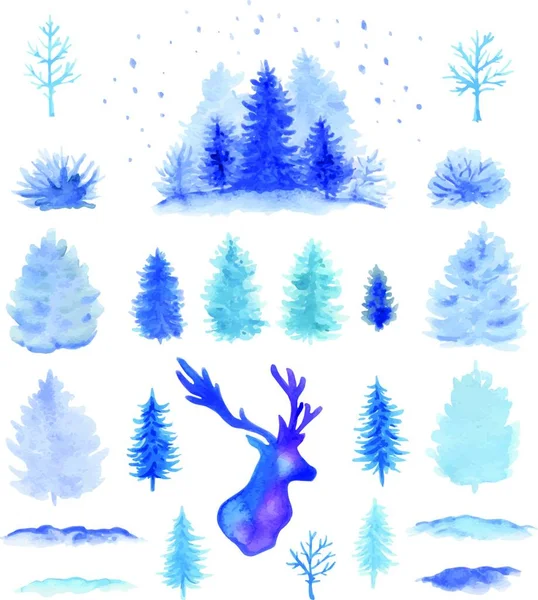 Sada Modrých Ručně Kreslené Vektor Akvarel Vánoční Design Prvky Bílém — Stockový vektor