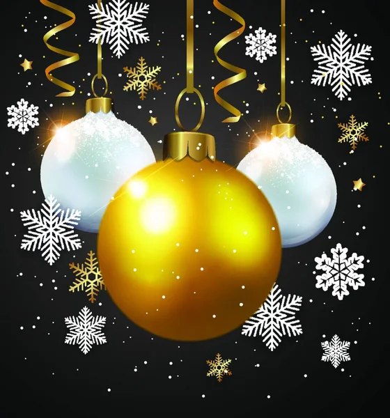 病媒用雪花和灌木向圣诞贺卡致意 黑色背景上的白色和金色装饰 — 图库矢量图片