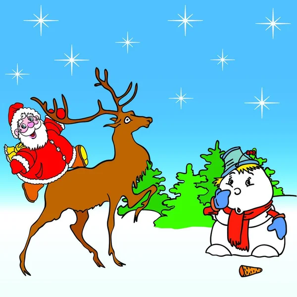 Santa Claus Rides Deer Snowman — Stock Vector