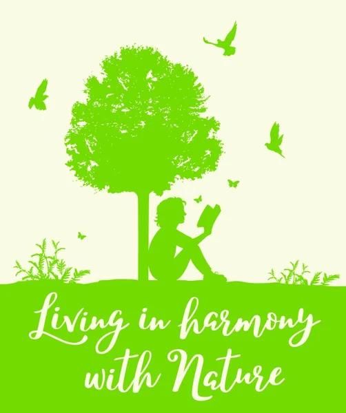Τοπίο Πράσινο Δέντρο Πουλιά Και Κορίτσι Που Διαβάζει Ένα Βιβλίο — Διανυσματικό Αρχείο