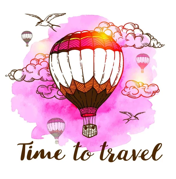 Travel Background Air Balloons Clouds Pink Watercolor Texture Time Travel — Stock Vector