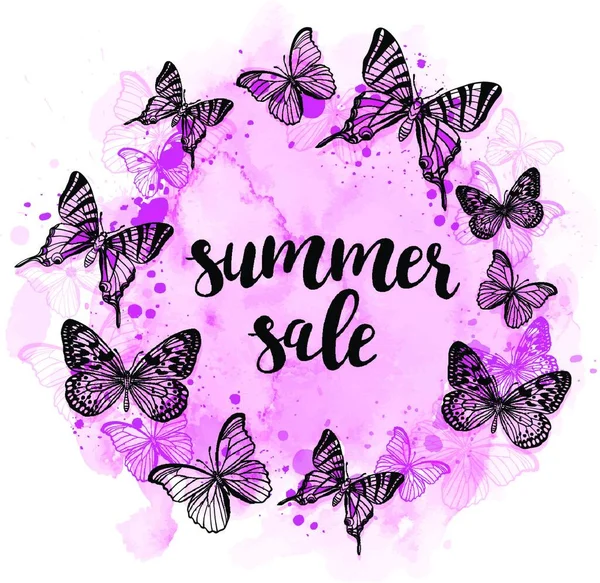 Summer Abstract Background Butterflies Pink Watercolor Texture Seasonal Sale Summer — Stock Vector