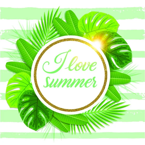 Letní Květinový Vektor Tropické Pozadí Zelenými Palmovými Listy Miluju Letní — Stockový vektor