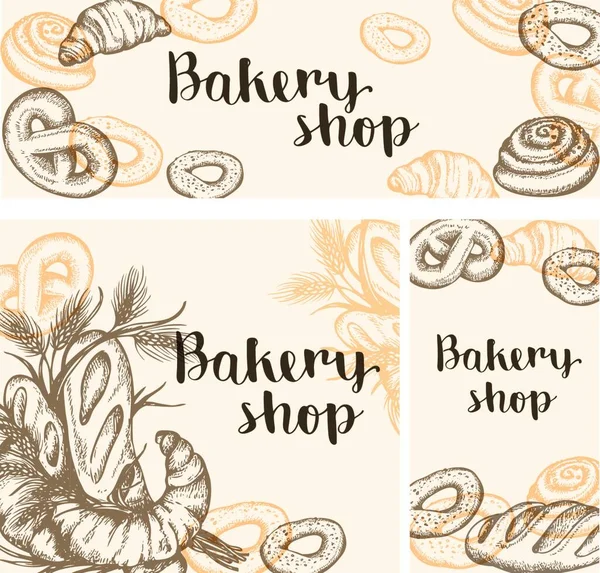Conjunto Banners Vectoriales Dibujados Mano Con Productos Panadería Fondos Antiguos — Archivo Imágenes Vectoriales