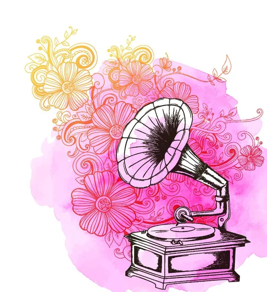 Abstract Music Background Vintage Gramophone Flowers Pink Watercolor Texture Hand — Stock Vector