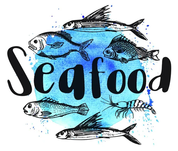 Ilustração Vintage Com Camarão Peixe Bsckground Aquarela Azul Seafood Lettering — Vetor de Stock