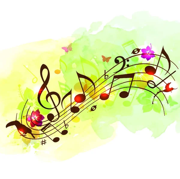 Αφηρημένο Μουσικό Υπόβαθρο Νότες Τροπικά Λουλούδια Και Υφή Ακουαρέλας Αφηρημένο — Διανυσματικό Αρχείο