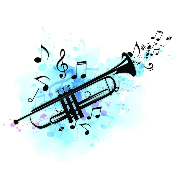 Music Abstract Background Black Trumpet Notes Blue Watercolor Texture Vector — Stock Vector