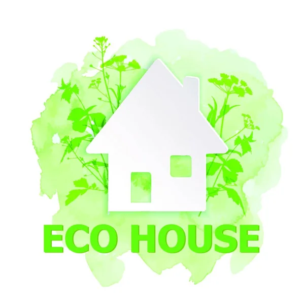 Vita Papper Hus Och Gröna Växter Grön Akvarell Bakgrund Ekologi — Stock vektor