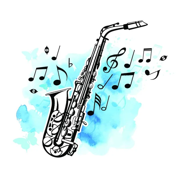 Abstrakter Vektorhintergrund Mit Noten Und Saxophon Auf Blauer Aquarelltextur Saxofon — Stockvektor