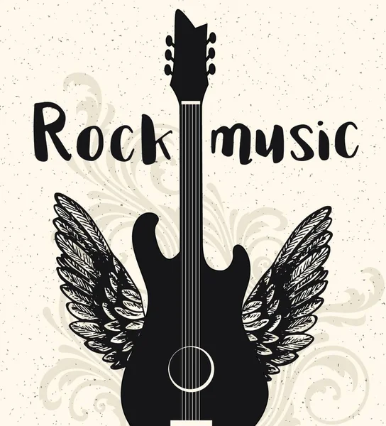 Vintage Wektor Rock Plakat Muzyczny Czarnej Gitary Skrzydła Ozdoba Kwiatowa — Wektor stockowy