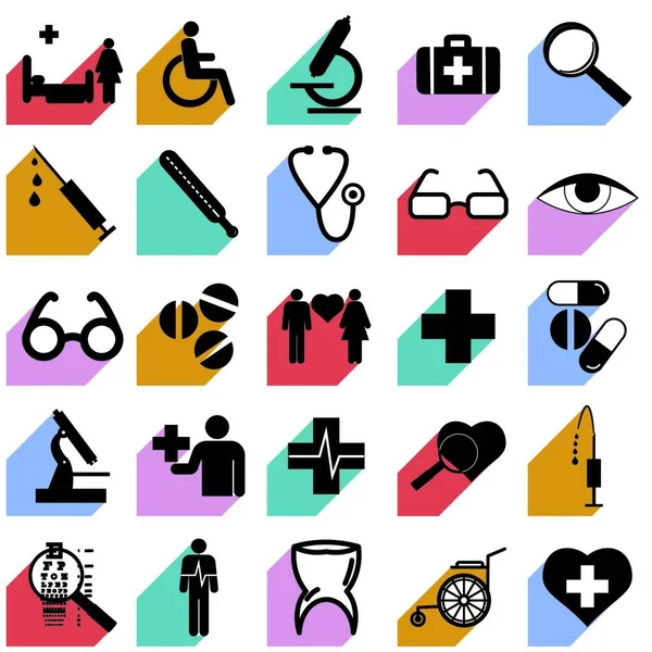 Coleção Ícones Planos Com Sombra Longa Símbolos Medicinais Ilustração Vetorial —  Vetores de Stock