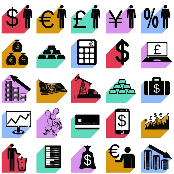 Coleção Ícones Planos Com Sombra Longa Símbolos Financeiros Ilustração Vetorial — Vetor de Stock
