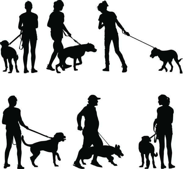 Silhouetten Von Menschen Und Hunden Vektorillustration — Stockvektor