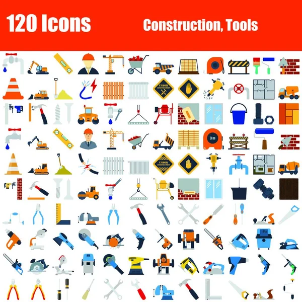 Conjunto 120 Iconos Temas Construcción Herramientas Diseño Plano Color Ilustración — Archivo Imágenes Vectoriales
