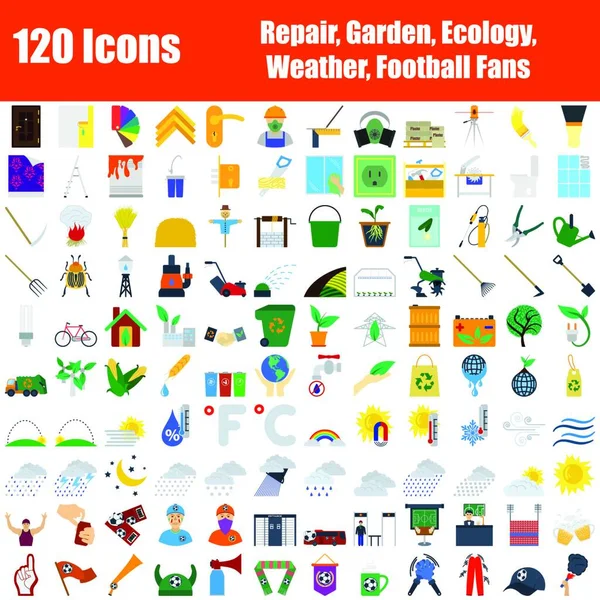 Conjunto 120 Iconos Reparación Jardín Ecología Clima Fútbol Temas Aficionados — Archivo Imágenes Vectoriales