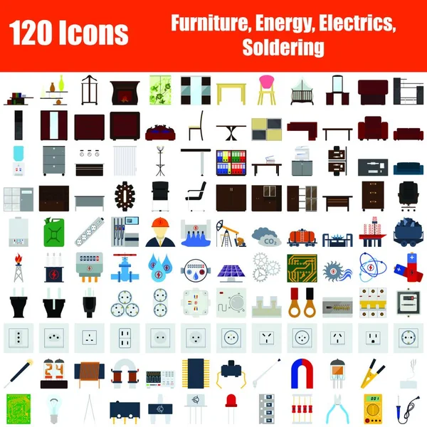 Conjunto 120 Iconos Muebles Energía Electricidad Temas Soldadura Diseño Plano — Archivo Imágenes Vectoriales