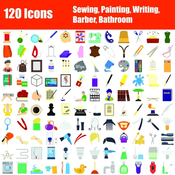 Conjunto 120 Iconos Costura Pintura Escritura Peluquería Temas Baño Diseño — Archivo Imágenes Vectoriales