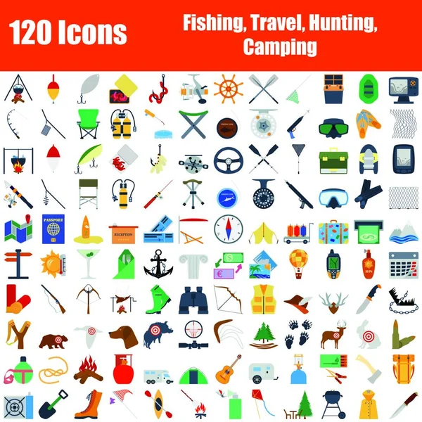 Conjunto 120 Iconos Pesca Viajes Caza Temas Camping Diseño Plano — Archivo Imágenes Vectoriales