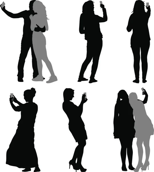Σιλουέτες Άντρας Και Γυναίκα Λήψη Selfie Smartphone Λευκό Φόντο Εικονογράφηση — Διανυσματικό Αρχείο