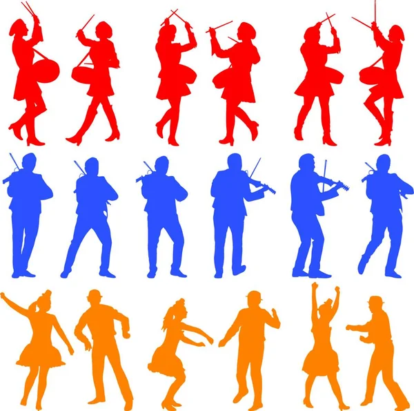 Color Silhouettes Beautiful Mans Womans Drummer Violinist Acrobat White Background — Stock Vector