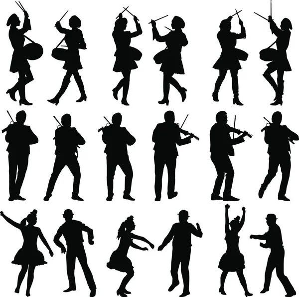 Black Silhouettes Beautiful Mans Womans Drummer Violinist Acrobat White Background — Stock Vector