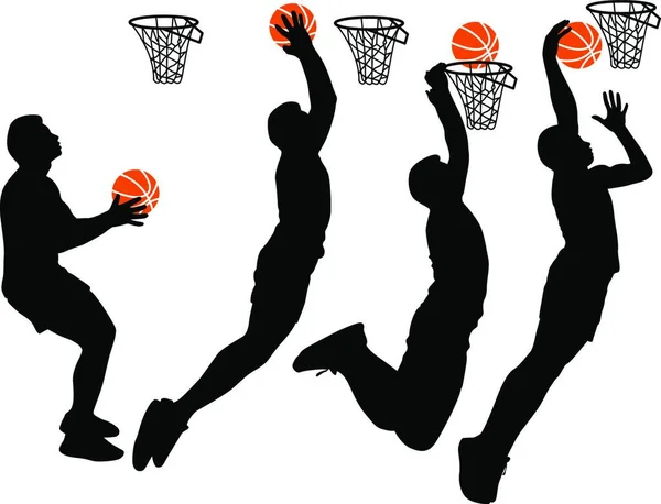 Silhouettes Noires Hommes Jouant Basket Sur Fond Blanc Illustration Vectorielle — Image vectorielle