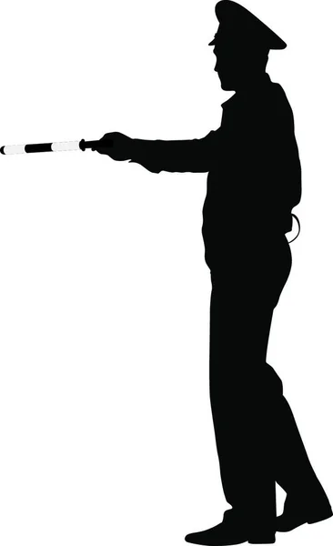 Silhouettes Noires Officier Police Avec Une Tige Sur Fond Blanc — Image vectorielle