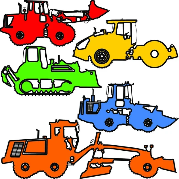 Set Color Silhouettes Road Construction Equipment Vector Illustration — Stock Vector