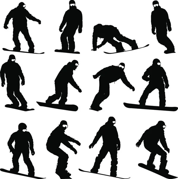 Fehér Alapon Fekete Sziluettek Snowboardosok Beállítása Vektoros Illusztráció — Stock Vector