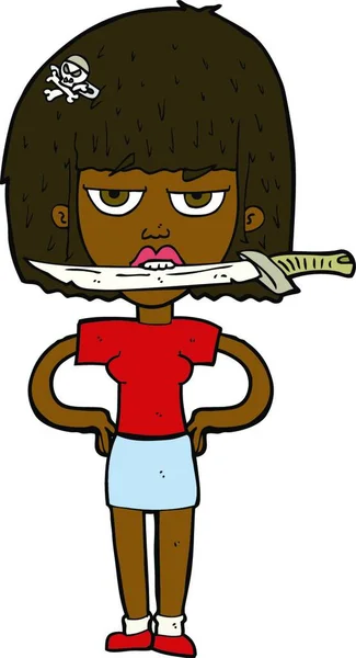 Femme Dessin Animé Avec Couteau Entre Les Dents — Image vectorielle