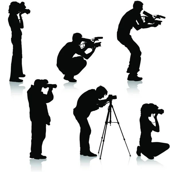 Réglez Caméraman Avec Caméra Vidéo Silhouettes Sur Fond Blanc Illustration — Image vectorielle