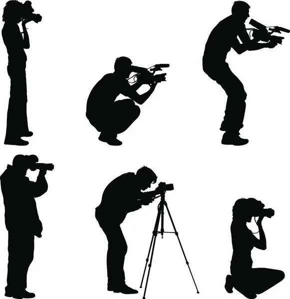 Impostare Cameraman Con Videocamera Silhouette Sfondo Bianco Illustrazione Vettoriale Impostare — Vettoriale Stock