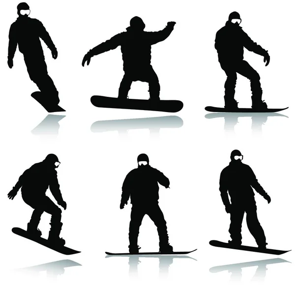 Beyaz Arka Planda Siyah Siluet Snowboardcuları Ayarlayın Vektör Beyaz Arka — Stok Vektör