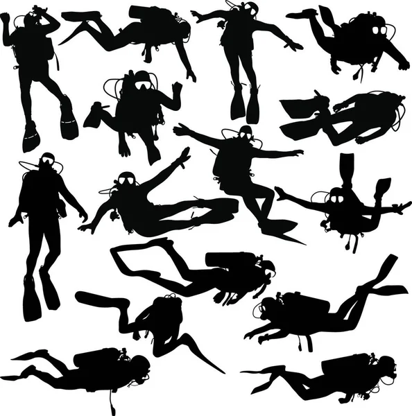 Set Black Silhouette Scuba Divers Vector Illustration Set Black Silhouette — Stock Vector